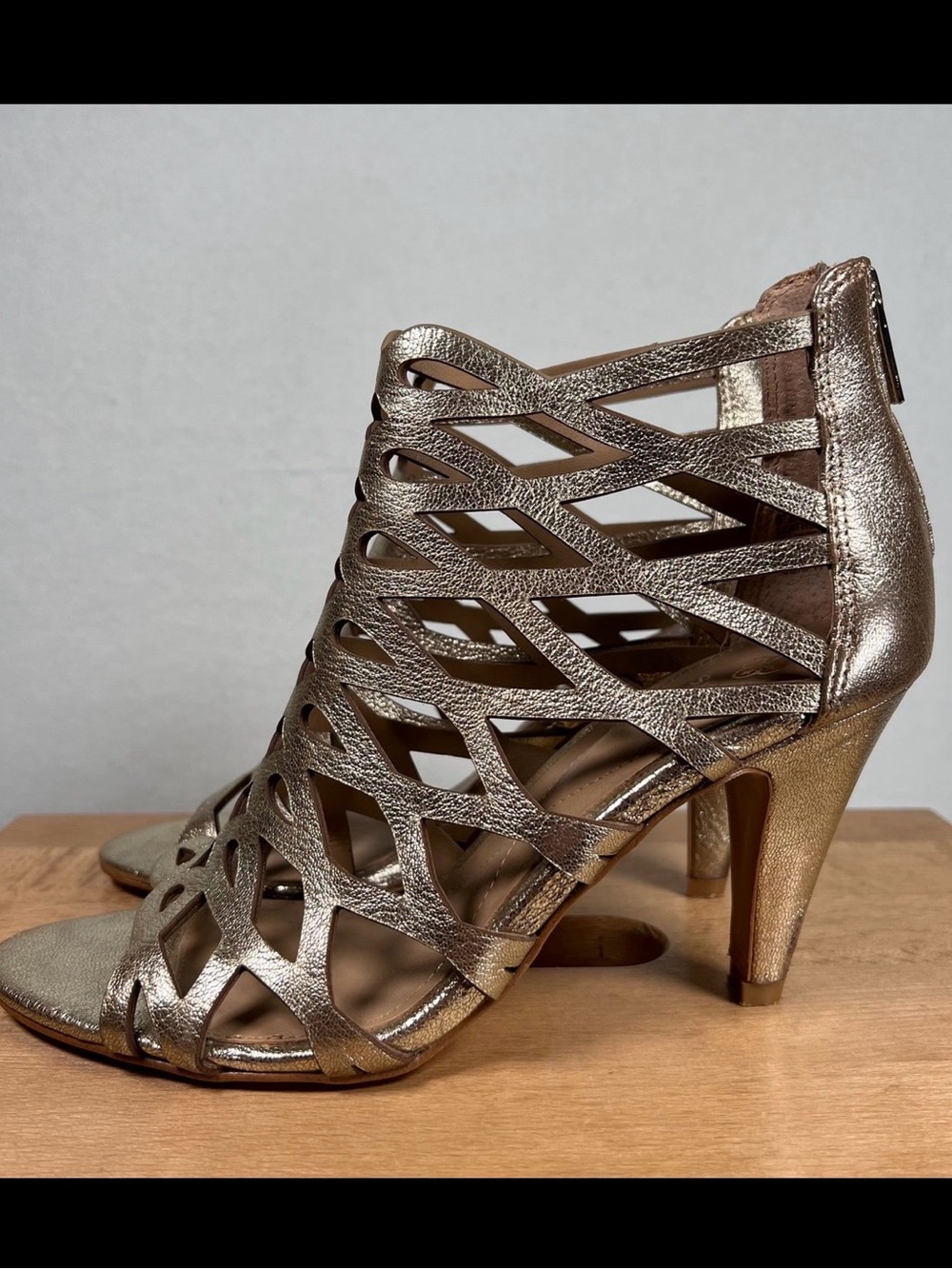 Isola Metallic Gold Strappy Cutout Heels - Picture 2 of 8